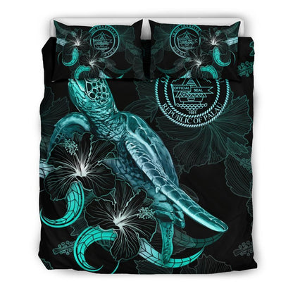 Palau Polynesian Bedding Set - Turtle With Blooming Hibiscus Turquoise