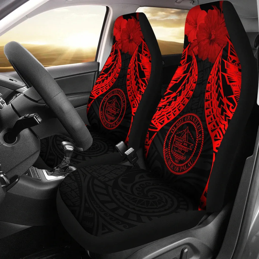 Palau Polynesian Car Seat Covers Pride Seal And Hibiscus Red