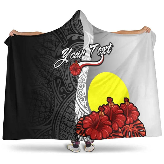 Palau Polynesian Custom Personalised Hooded Blanket- Coat Of Arm With Hibiscus White