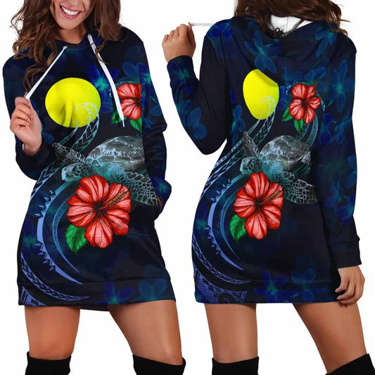 Palau Polynesian Hoodie Dress - Blue Turtle Hibiscus