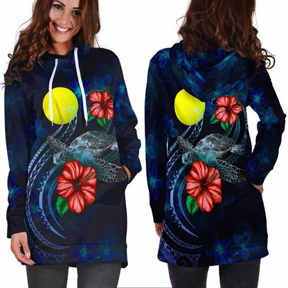 Palau Polynesian Hoodie Dress - Blue Turtle Hibiscus