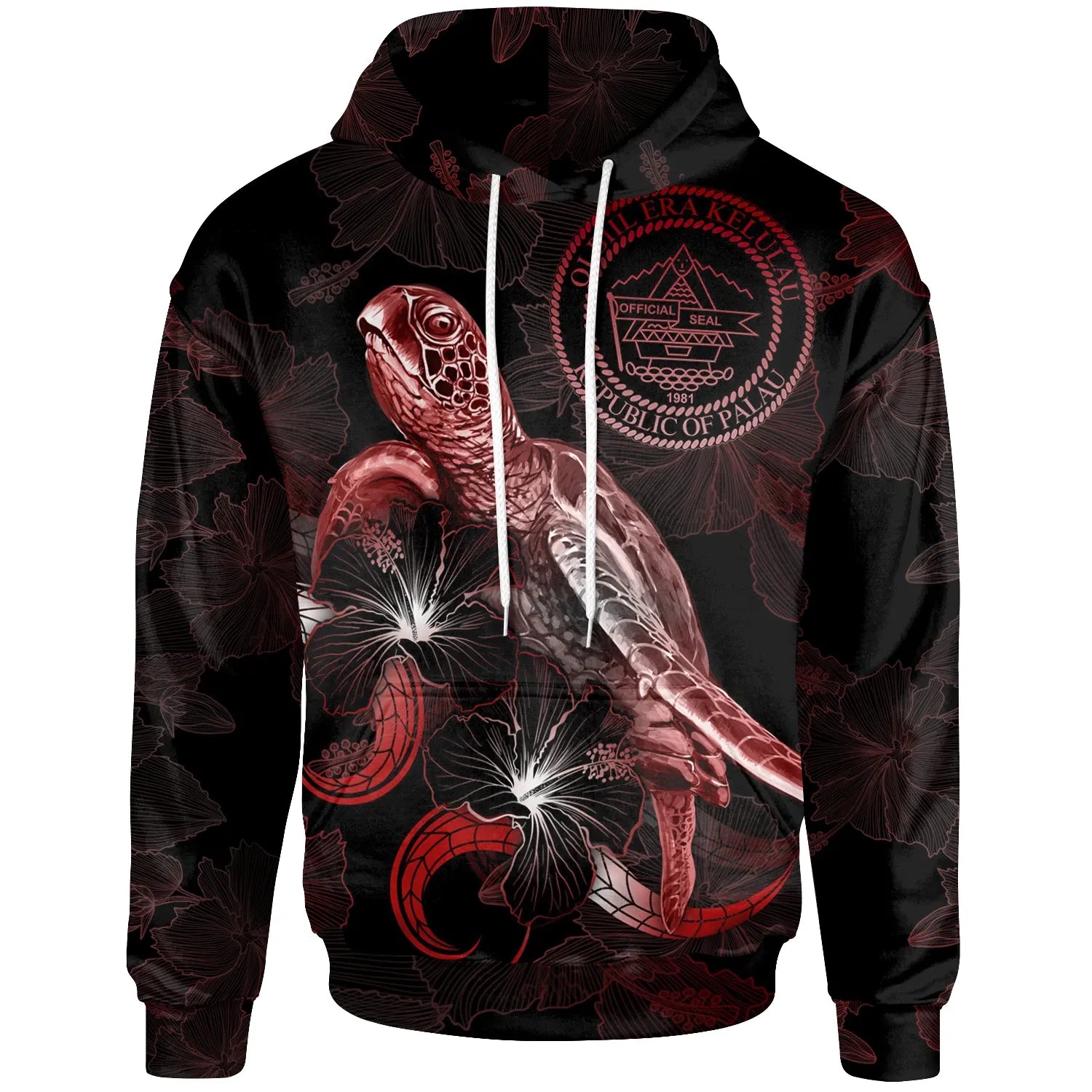 Palau Polynesian Hoodie - Turtle With Blooming Hibiscus Red