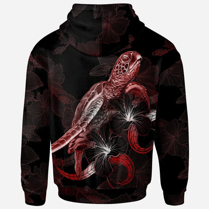 Palau Polynesian Hoodie - Turtle With Blooming Hibiscus Red