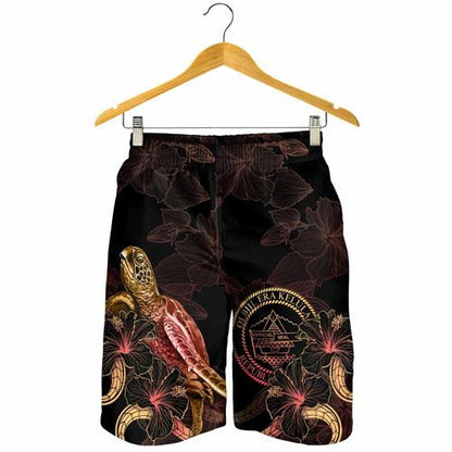 Palau Polynesian Men Shorts - Turtle With Blooming Hibiscus Gold