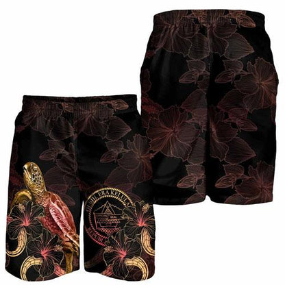 Palau Polynesian Men Shorts - Turtle With Blooming Hibiscus Gold