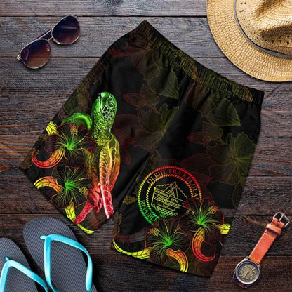 Palau Polynesian Men Shorts - Turtle With Blooming Hibiscus Reggae