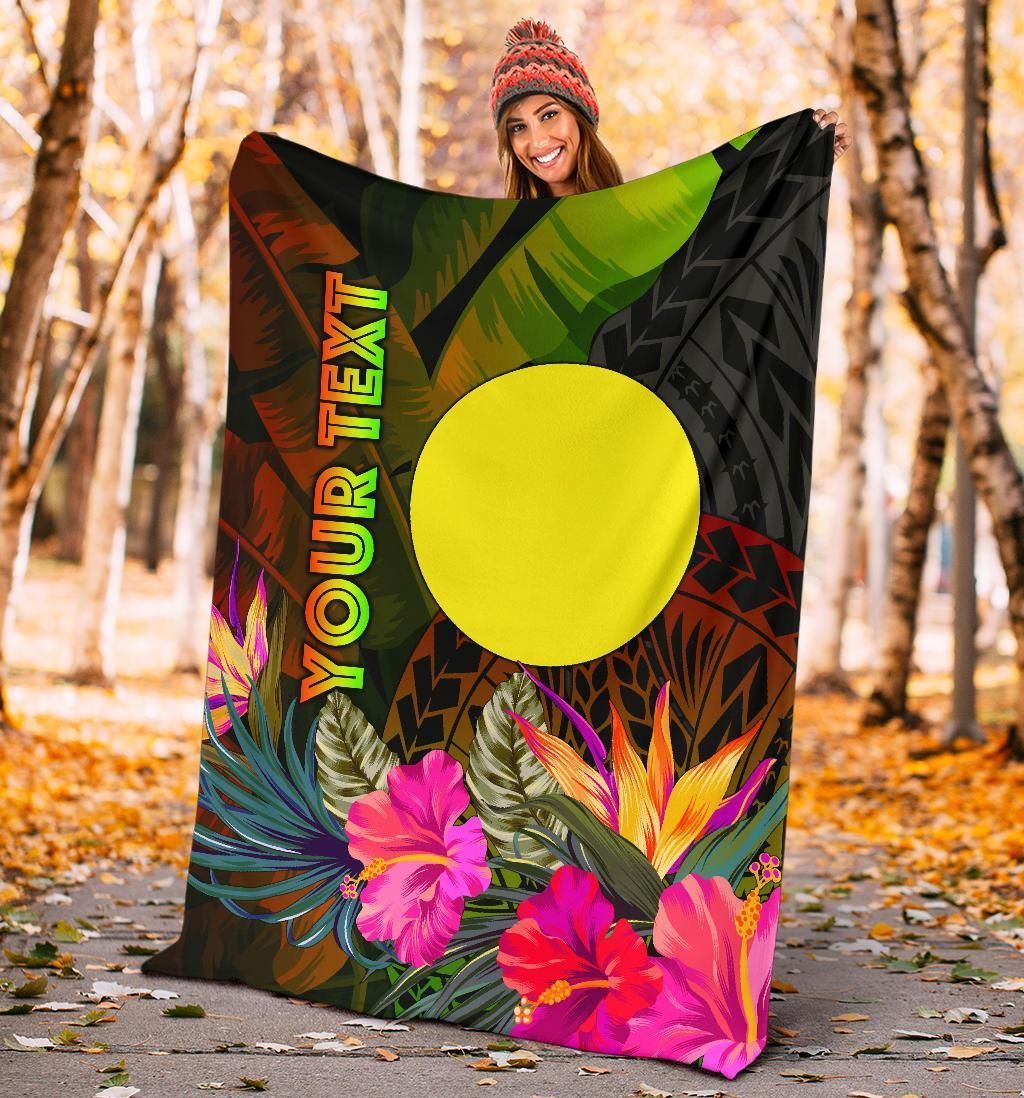 Palau Polynesian Personalised Premium Blanket -  Hibiscus and Banana Leaves