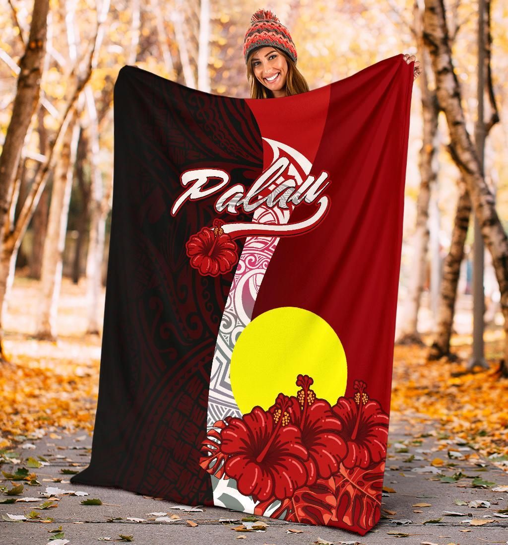 Palau Polynesian Premium Blanket - Coat Of Arm With Hibiscus