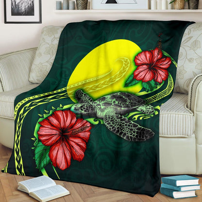 Palau Polynesian Premium Blanket - Green Turtle Hibiscus