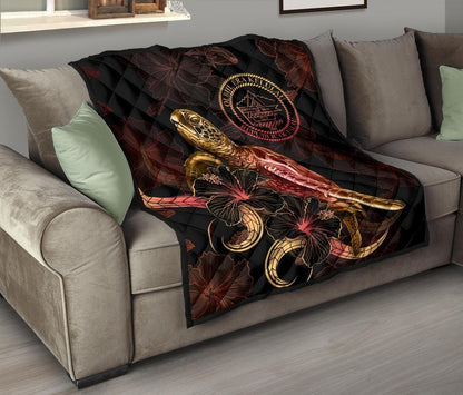Palau Polynesian Premium Quilt - Turtle With Blooming Hibiscus Gold