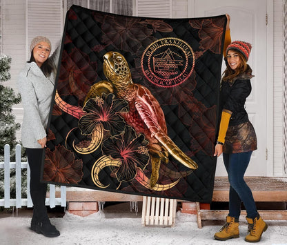 Palau Polynesian Premium Quilt - Turtle With Blooming Hibiscus Gold