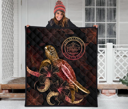 Palau Polynesian Premium Quilt - Turtle With Blooming Hibiscus Gold