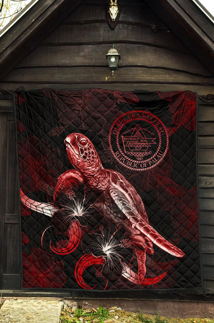 Palau Polynesian Premium Quilt - Turtle With Blooming Hibiscus Red