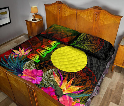 Palau Polynesian Quilt Bed Set - Hibiscus and Banana Leaves