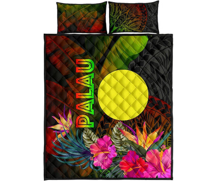 Palau Polynesian Quilt Bed Set - Hibiscus and Banana Leaves