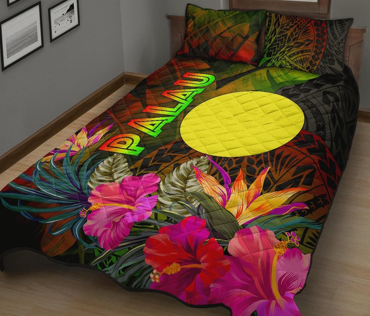 Palau Polynesian Quilt Bed Set - Hibiscus and Banana Leaves