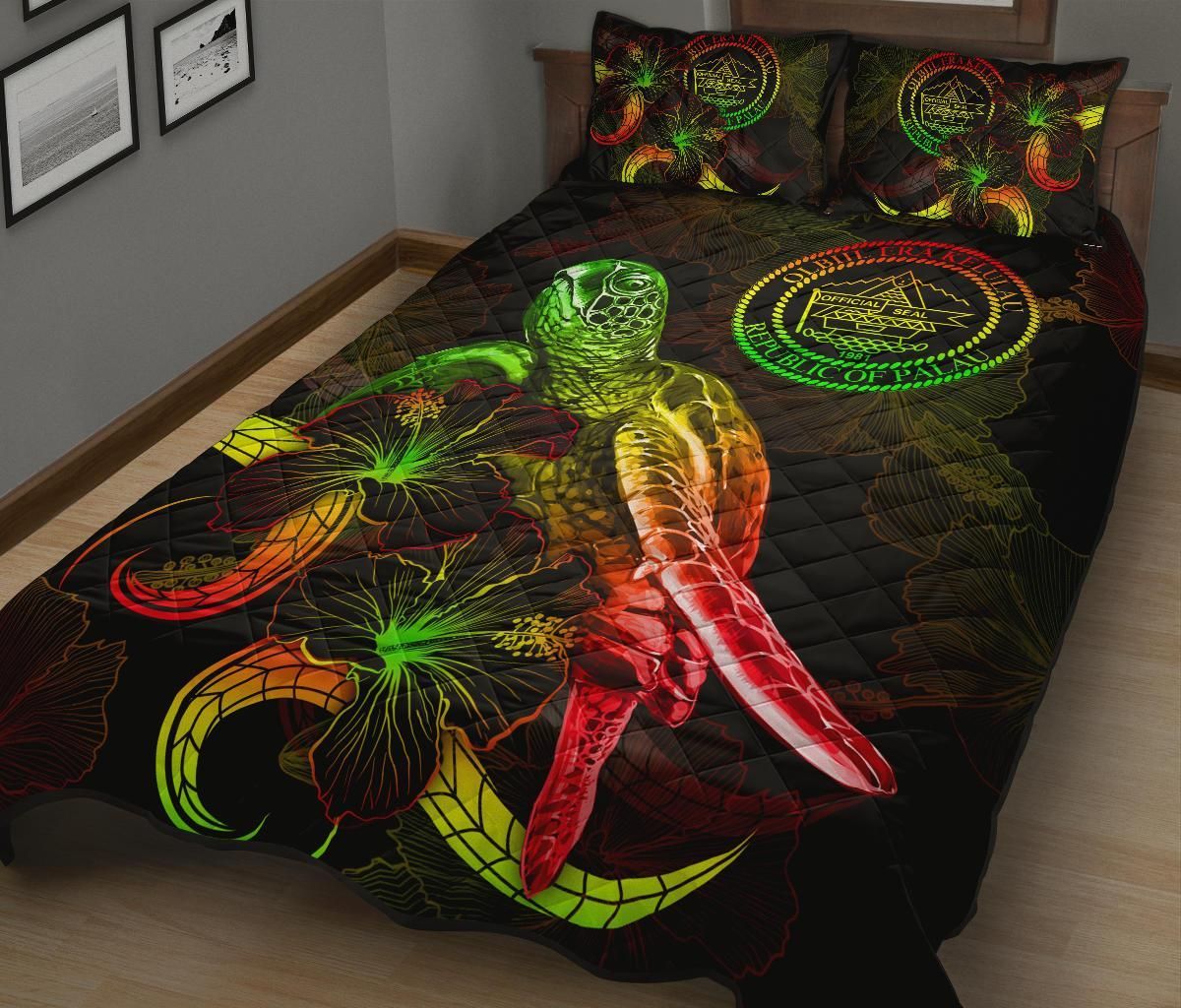Palau Polynesian Quilt Bed Set - Turtle With Blooming Hibiscus Reggae