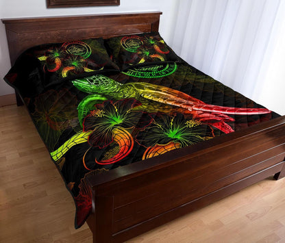 Palau Polynesian Quilt Bed Set - Turtle With Blooming Hibiscus Reggae