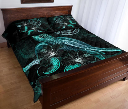Palau Polynesian Quilt Bed Set - Turtle With Blooming Hibiscus Turquoise