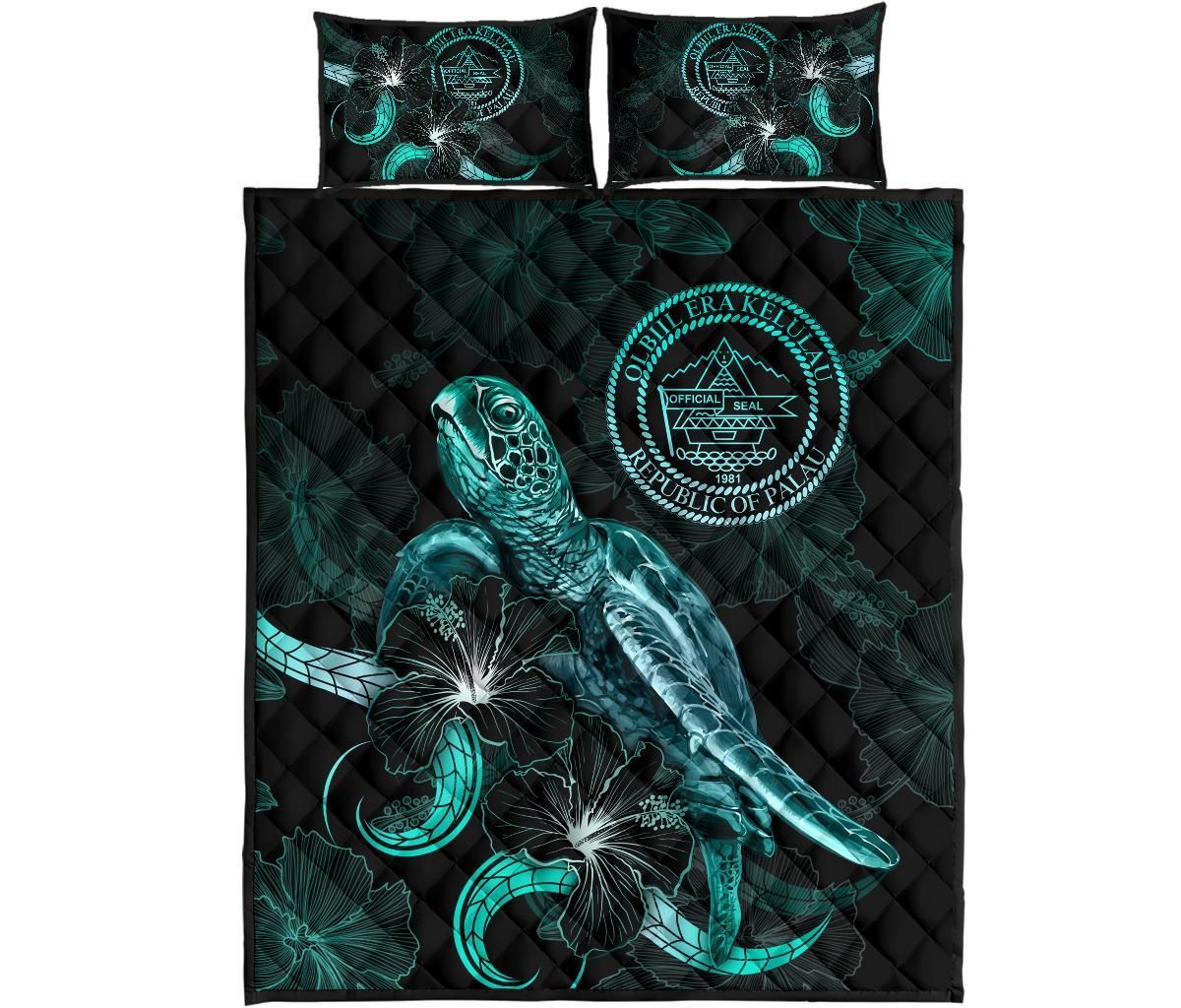 Palau Polynesian Quilt Bed Set - Turtle With Blooming Hibiscus Turquoise