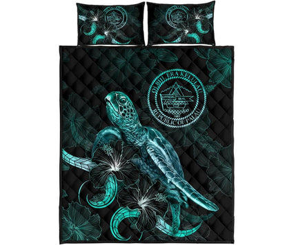 Palau Polynesian Quilt Bed Set - Turtle With Blooming Hibiscus Turquoise