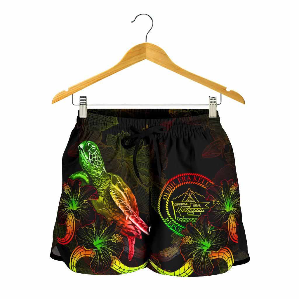 Palau Polynesian Women Shorts - Turtle With Blooming Hibiscus Reggae