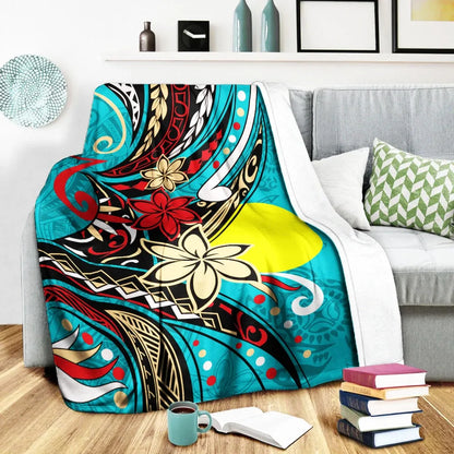 Palau Premium Blanket - Tribal Flower With Special Turtles Blue Color
