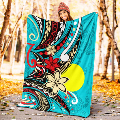 Palau Premium Blanket - Tribal Flower With Special Turtles Blue Color