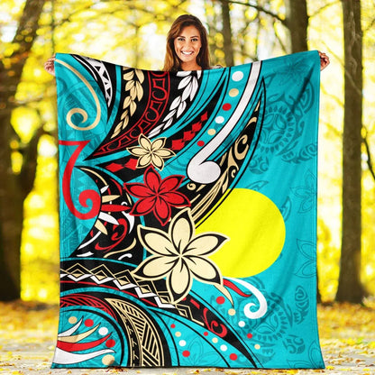 Palau Premium Blanket - Tribal Flower With Special Turtles Blue Color
