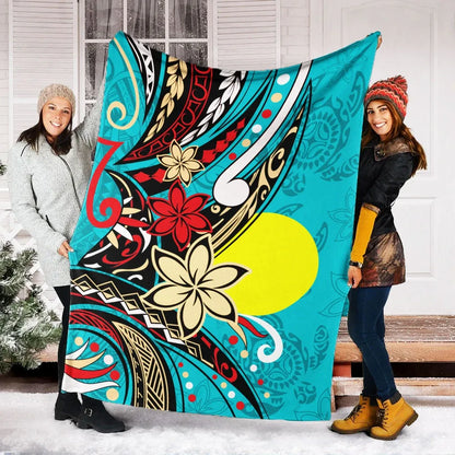 Palau Premium Blanket - Tribal Flower With Special Turtles Blue Color