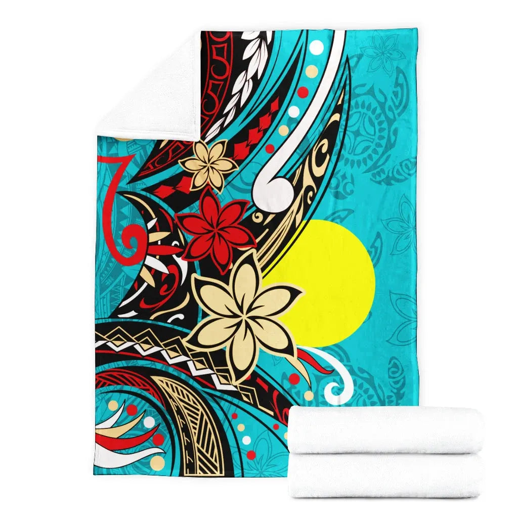 Palau Premium Blanket - Tribal Flower With Special Turtles Blue Color