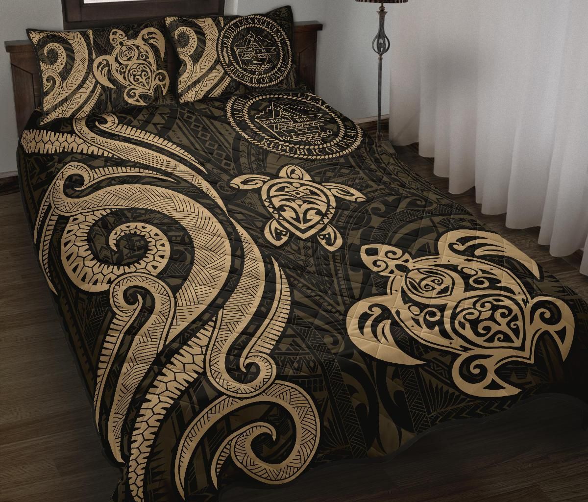 Palau Quilt Bed Set - Gold Tentacle Turtle