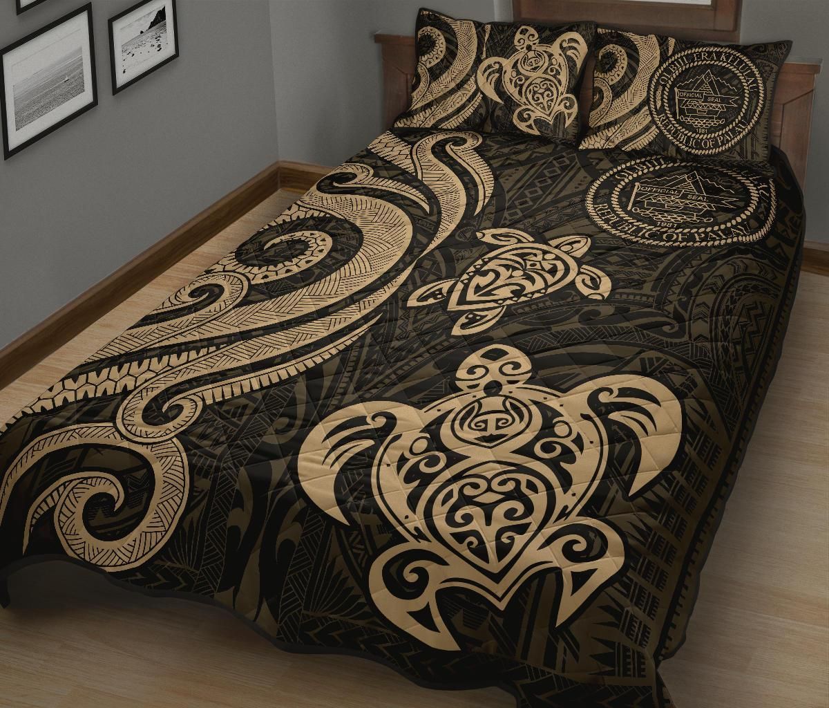 Palau Quilt Bed Set - Gold Tentacle Turtle