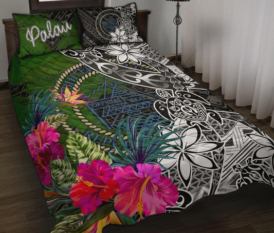 Palau Quilt Bed Set - Turtle Plumeria Banana Leaf Crest