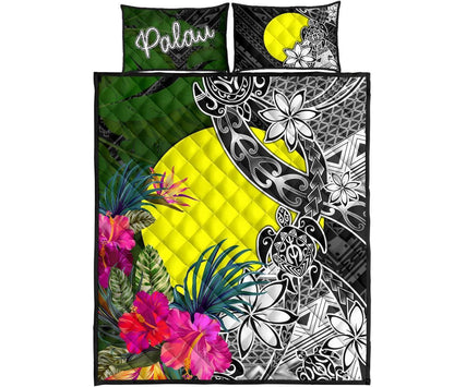 Palau Quilt Bed Set - Turtle Plumeria Banana Leaf