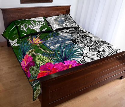 Palau Quilt Bed Set White - Turtle Plumeria Banana Leaf Crest