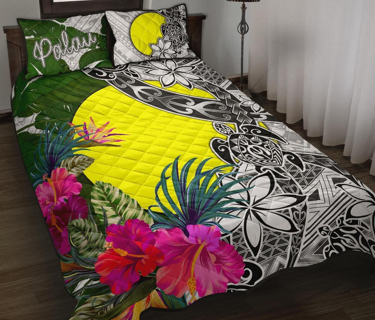 Palau Quilt Bed Set White - Turtle Plumeria Banana Leaf