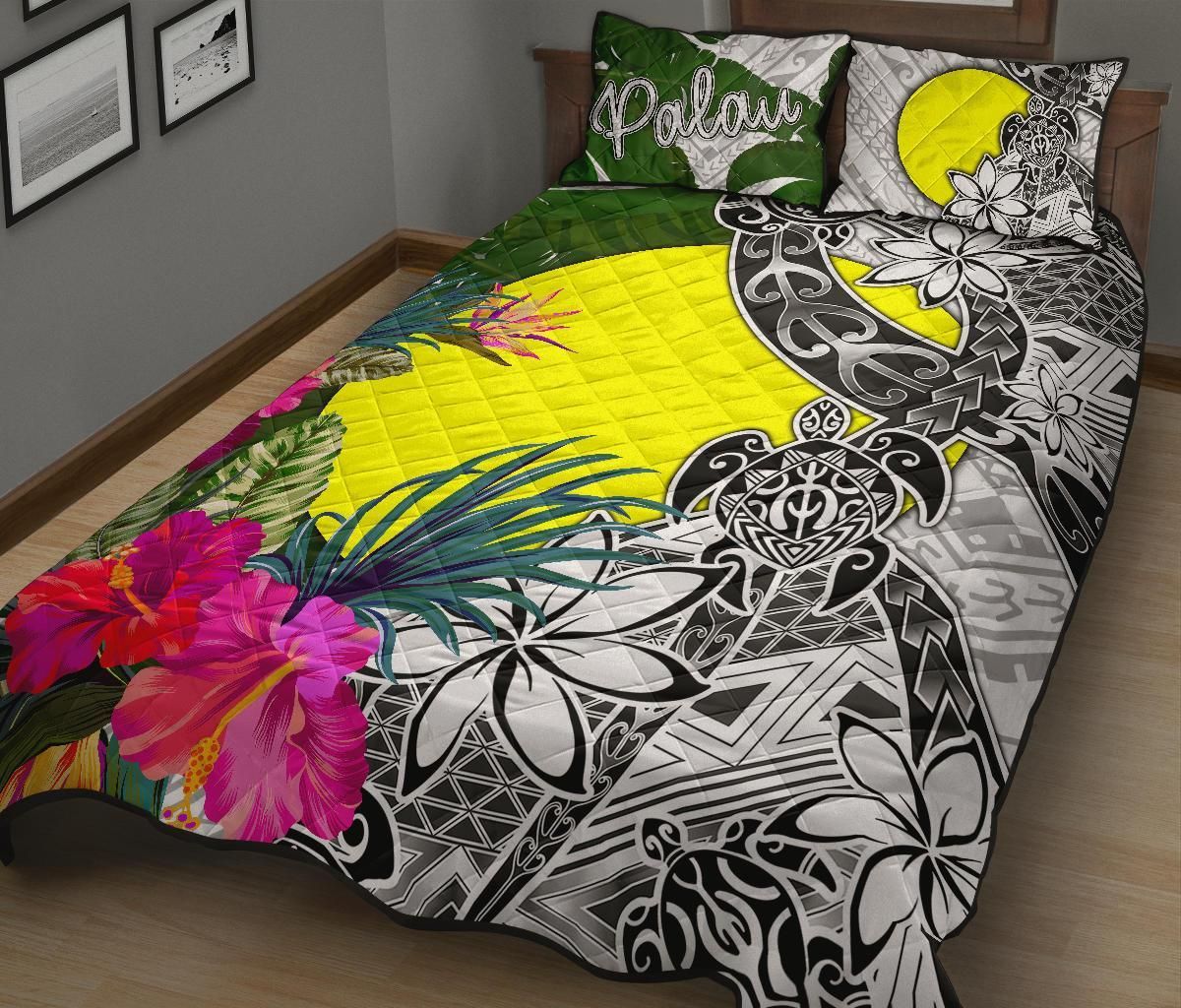 Palau Quilt Bed Set White - Turtle Plumeria Banana Leaf