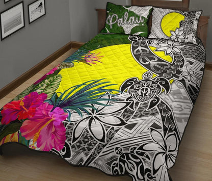 Palau Quilt Bed Set White - Turtle Plumeria Banana Leaf