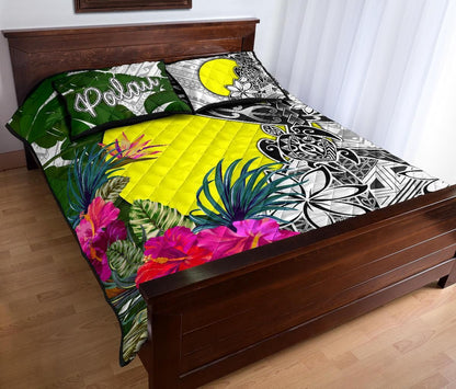 Palau Quilt Bed Set White - Turtle Plumeria Banana Leaf