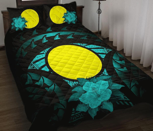 Palau Polynesian Quilt Bed Set Hibiscus Turquoise