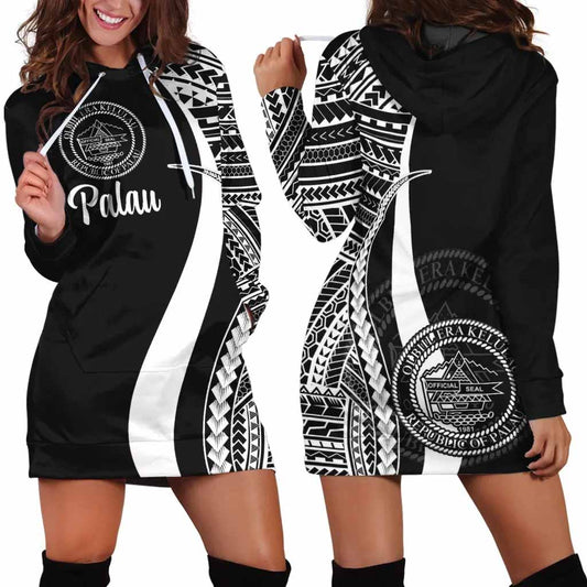 Palau Female Hoodie Dress - White Polynesian Tentacle Tribal Pattern
