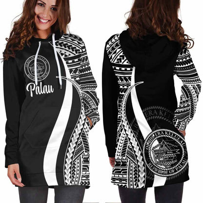 Palau Female Hoodie Dress - White Polynesian Tentacle Tribal Pattern