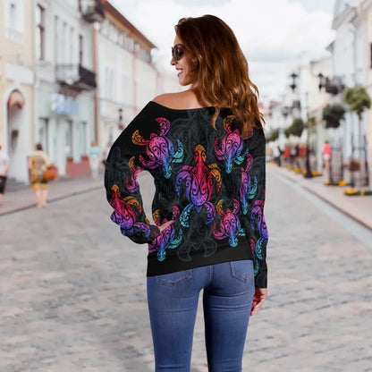 Palau Women Off Shoulder Sweaters - Sea Turtle In Tribal Polynesian Style