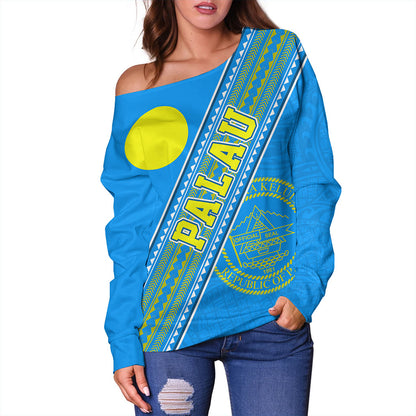 Palau Off Shoulder Sweatshirt Flag And Coat Of Arms