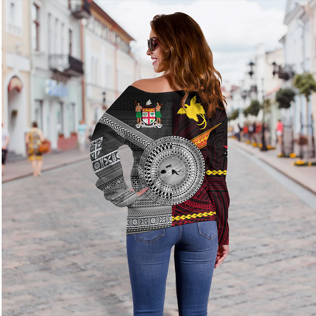 Fiji And Papua Off Shoulder Sweatshirt Polynesian And Tapa Together