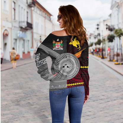Fiji And Papua Off Shoulder Sweatshirt Polynesian And Tapa Together