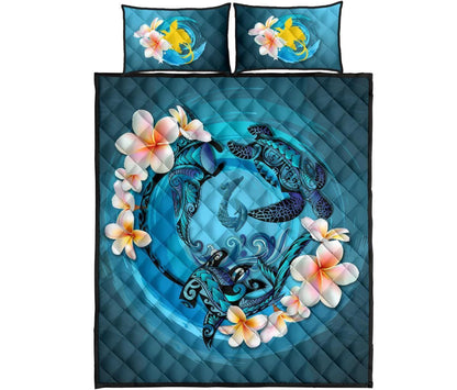 Papua New Guinea 3 Polynesian Quilt Bed Set - Blue Plumeria Animal Tattoo