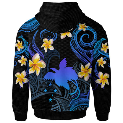 Papua New Guinea Hoodie - Custom Personalised Polynesian Waves with Plumeria Flowers (Blue)