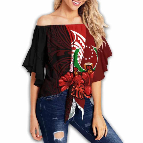 Pohnpei Polynesian Off Shoulder Wrap Waist Top - Hibiscus With Seal
